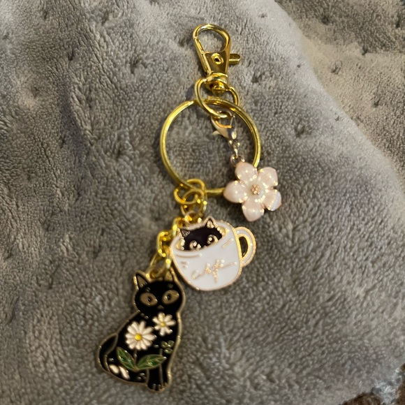 Handmade purse charm/keychain. 2 cat charms (one with coffee cup) and one flower - Picture 1 of 2